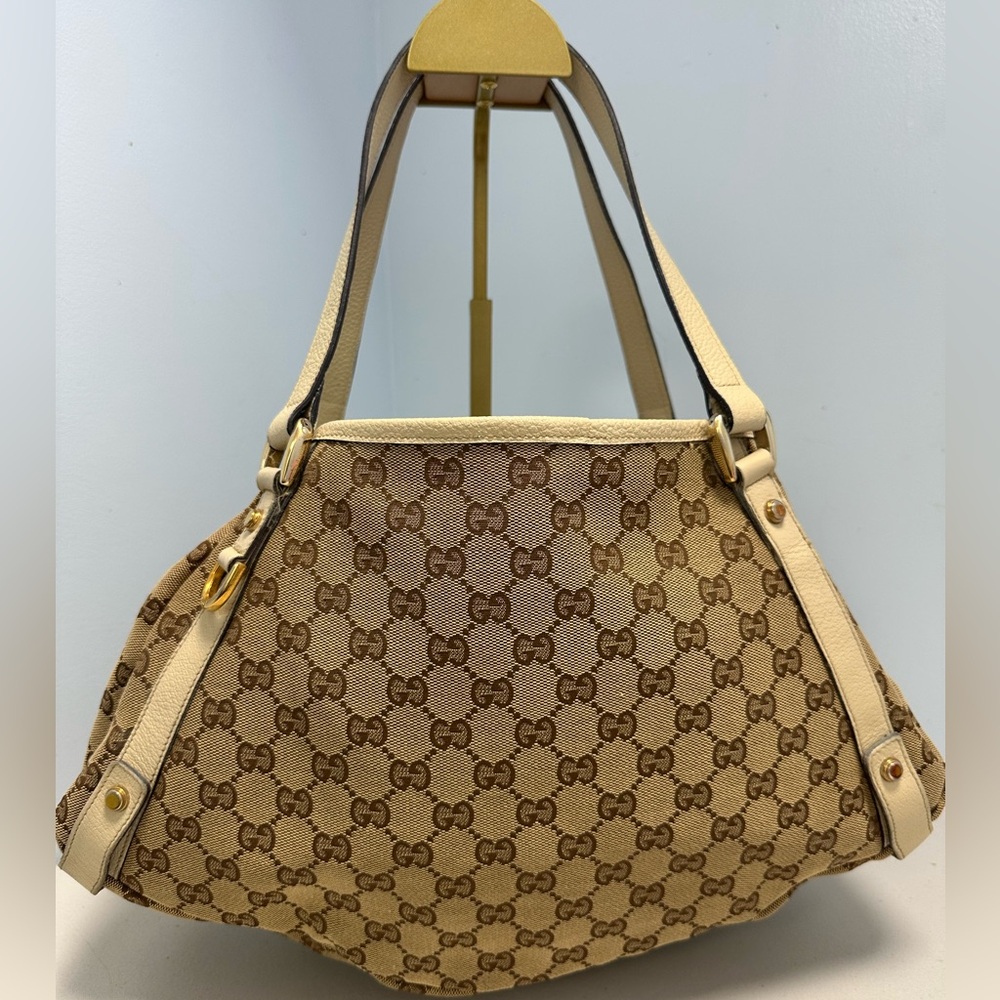 Gucci Canvas Leather Tote Bag Auth Beige